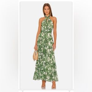 AMUR Green Leaf Print Maxi Dress